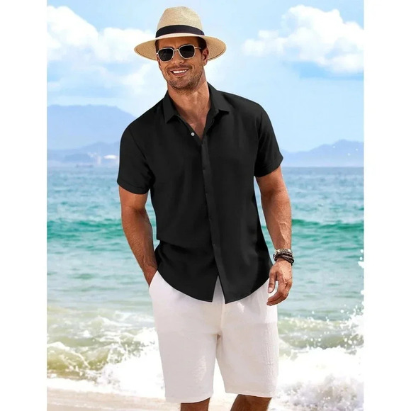 ❤️Men's  Black Shirts Short Sleeve Casual Shirts for Men Beach Summer Shirt - Picture 2 of 6